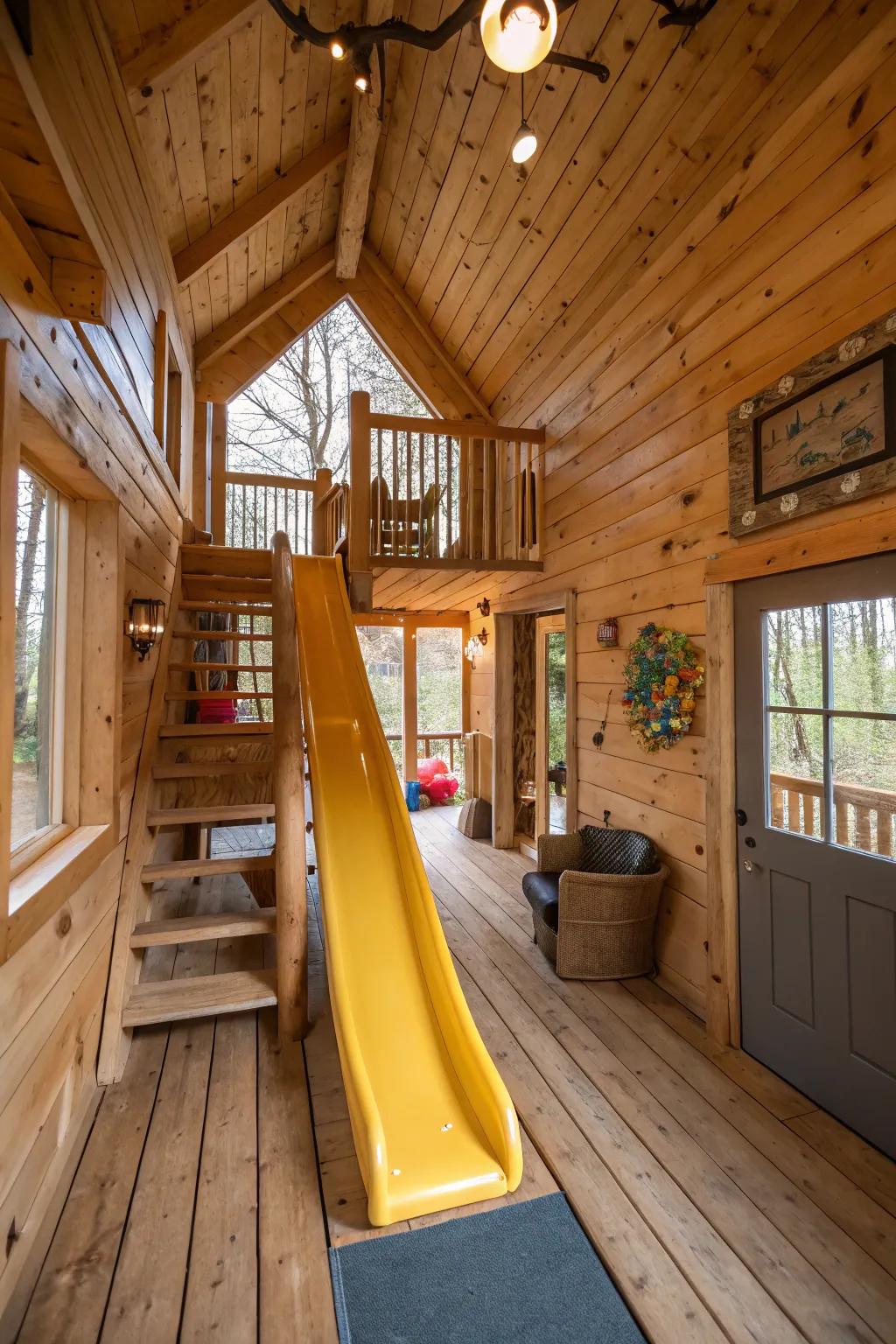An indoor slide adds a playful element to treehouse adventures.