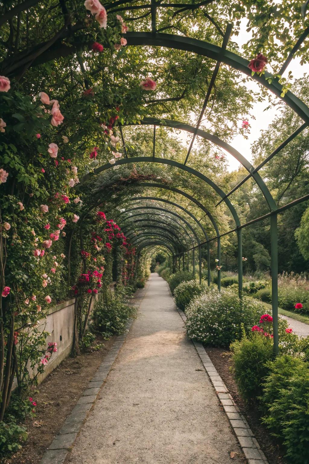 A garden walkway featuring a series of blooming arched trellises.