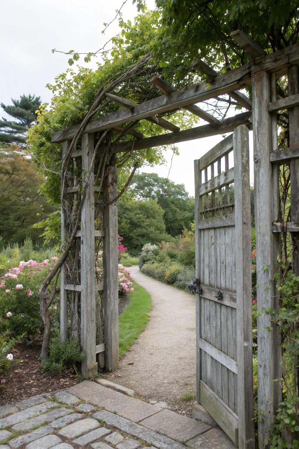 A rustic trellis gate enhanced by metal accents.