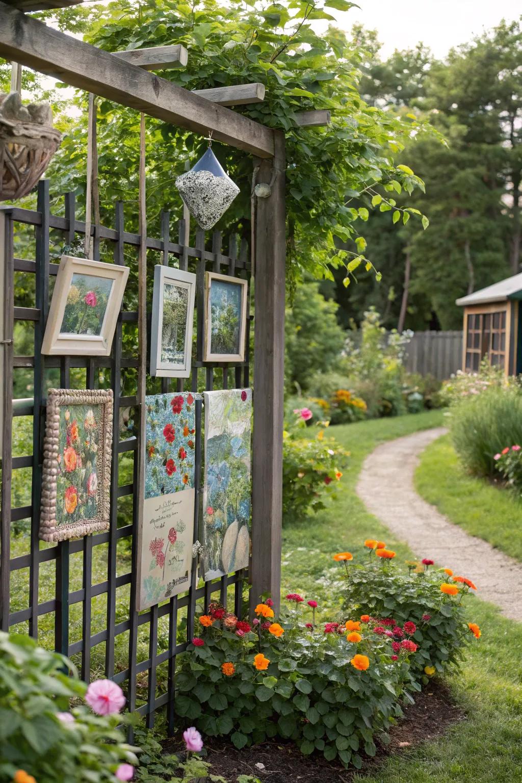 A trellis used as a canvas for art creates dynamic garden beauty.