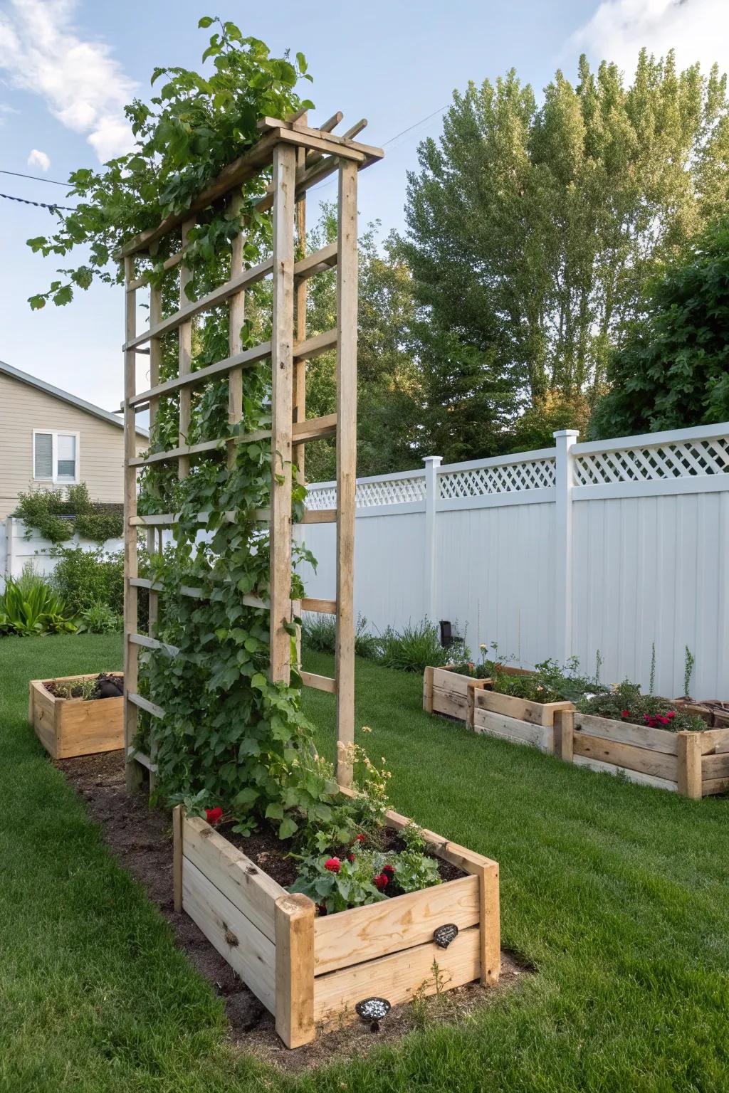 A recycled material trellis combines sustainability with creativity.
