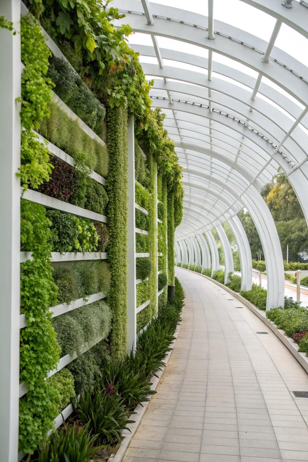 A modern vertical garden with succulents on a trellis tunnel.