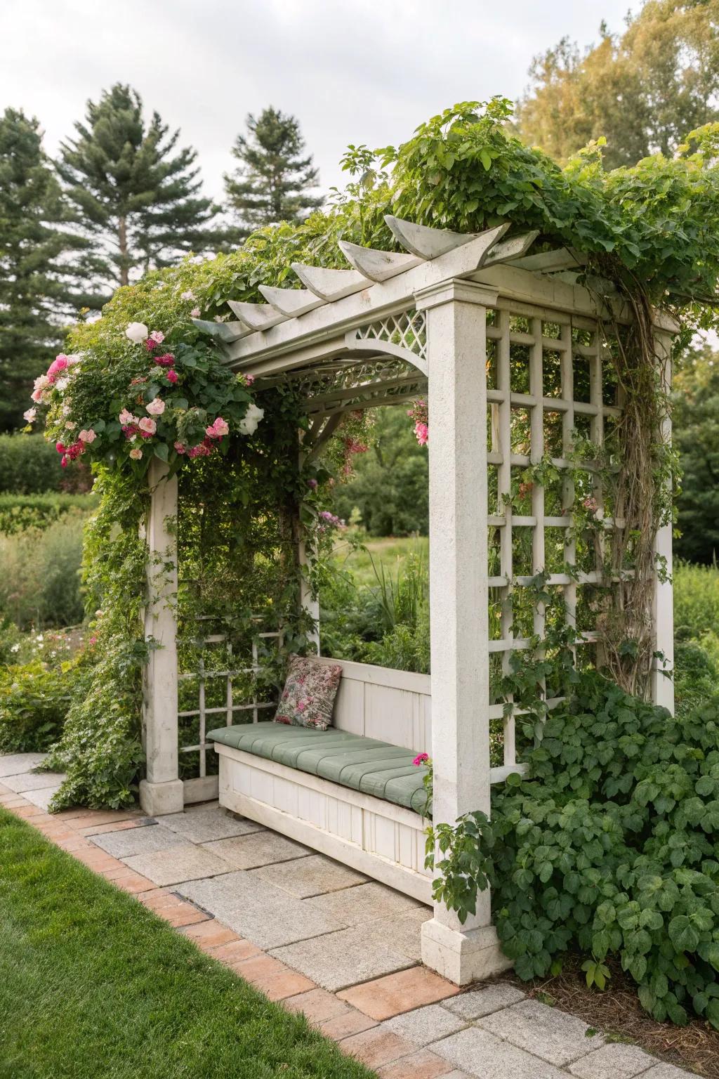 A trellis with built-in seating invites you to pause and enjoy the lush greenery.