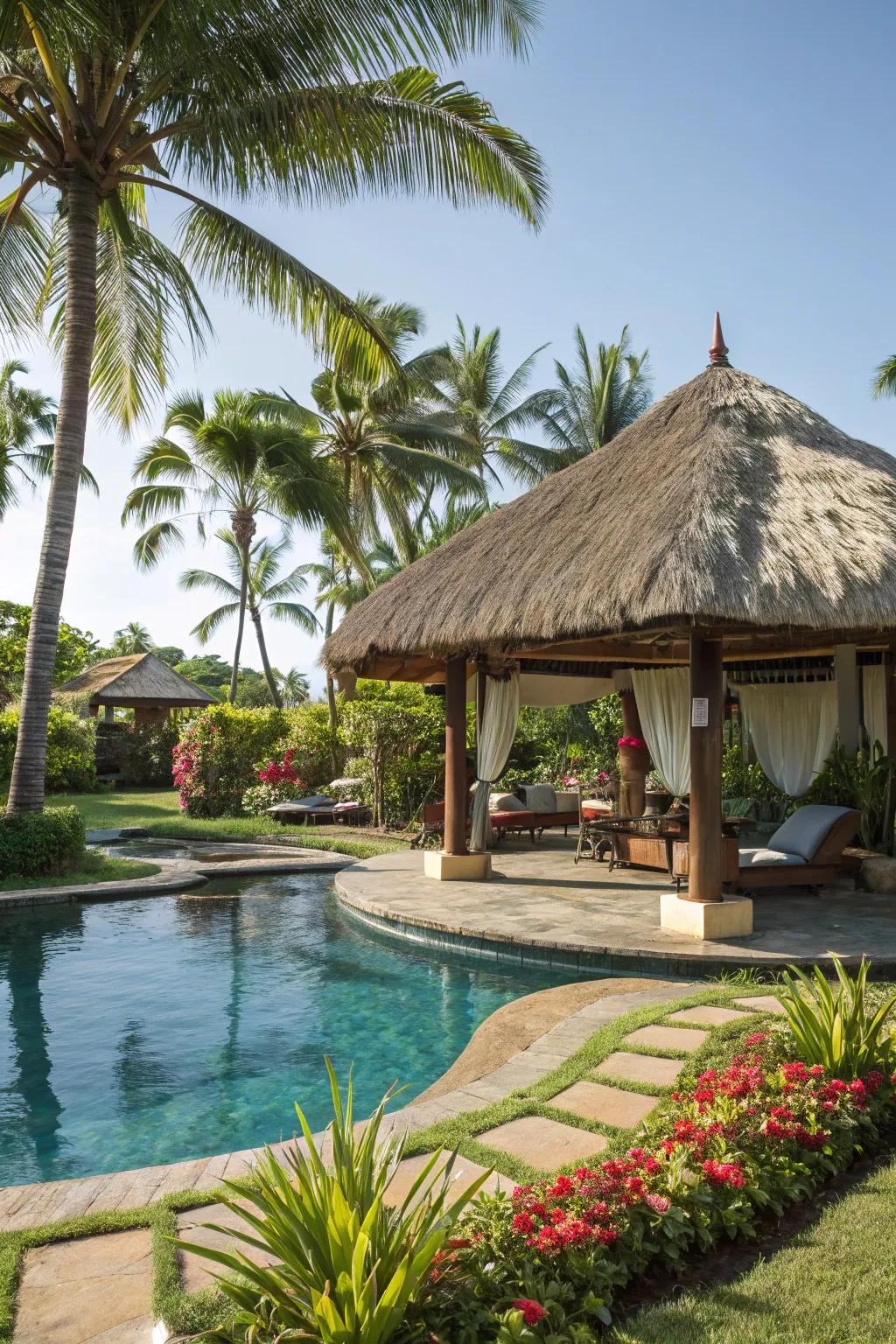 Thatch shade structures add a beachside feel to your pool area.