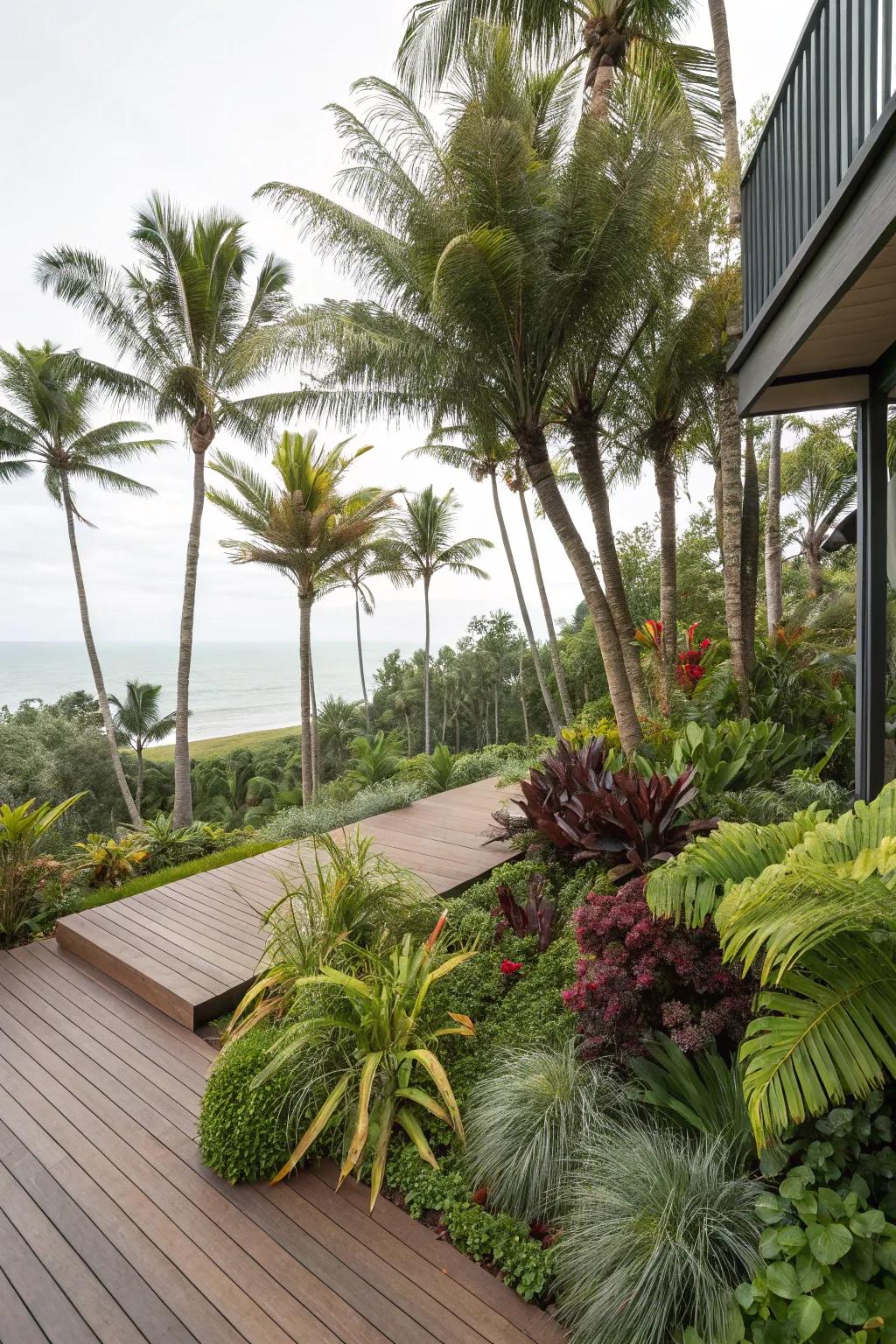 Layered planting adds depth and interest to the tropical deck.