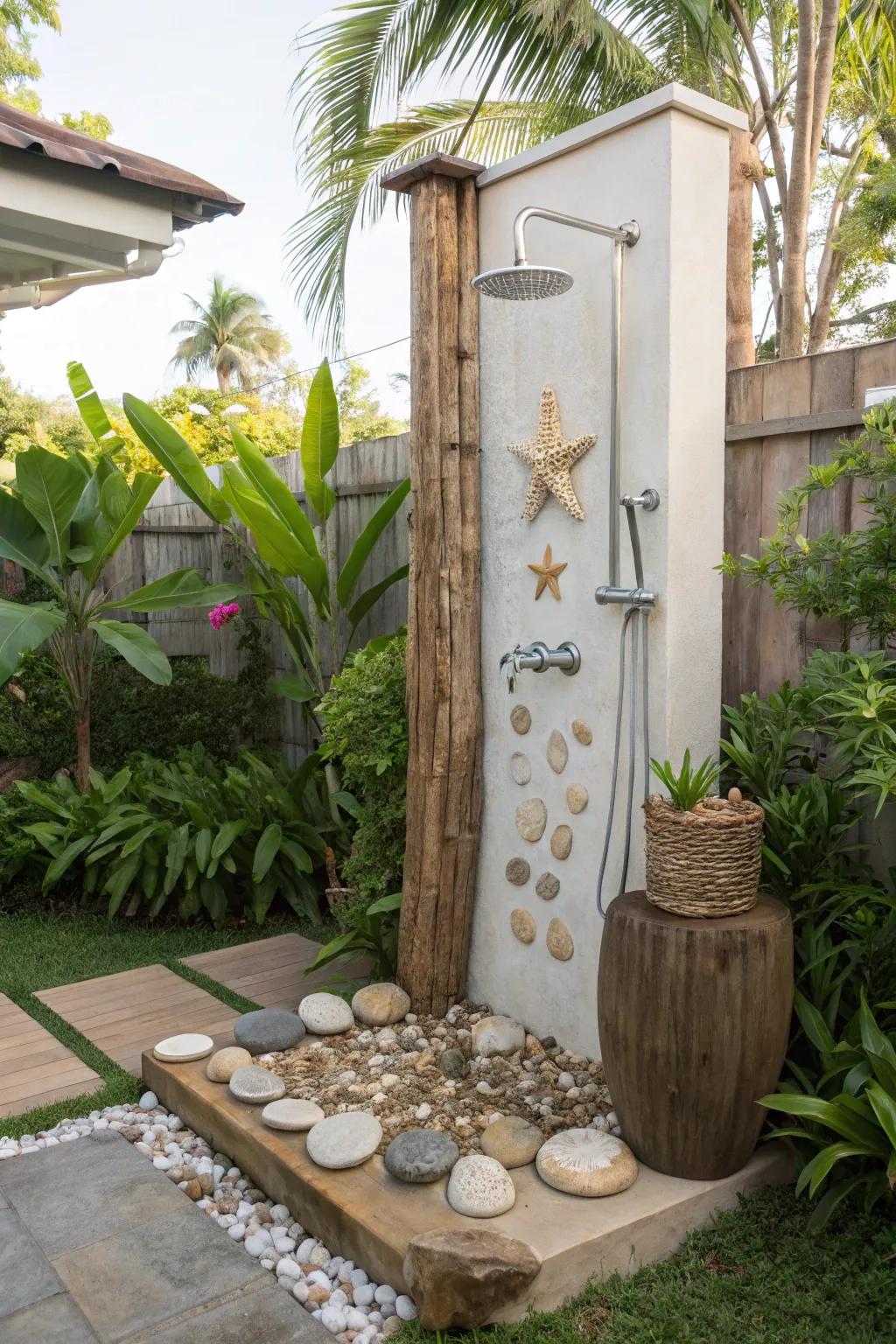 Bring the beach to your backyard with island-inspired decor in your shower.