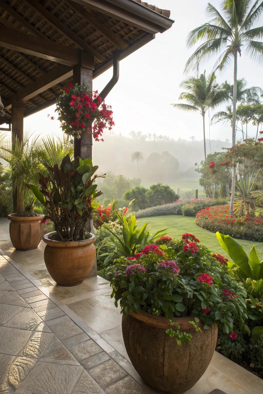 Large containers filled with tropical plants make a striking statement.