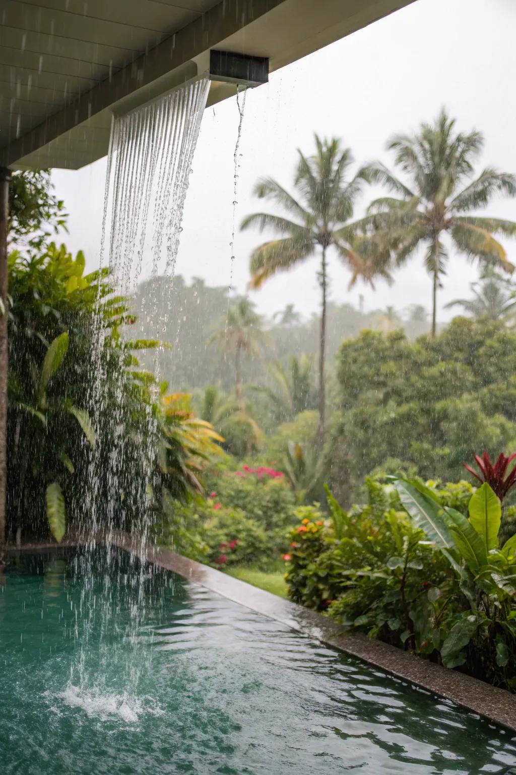 Rain curtains add movement and sound to a tropical pool setting.