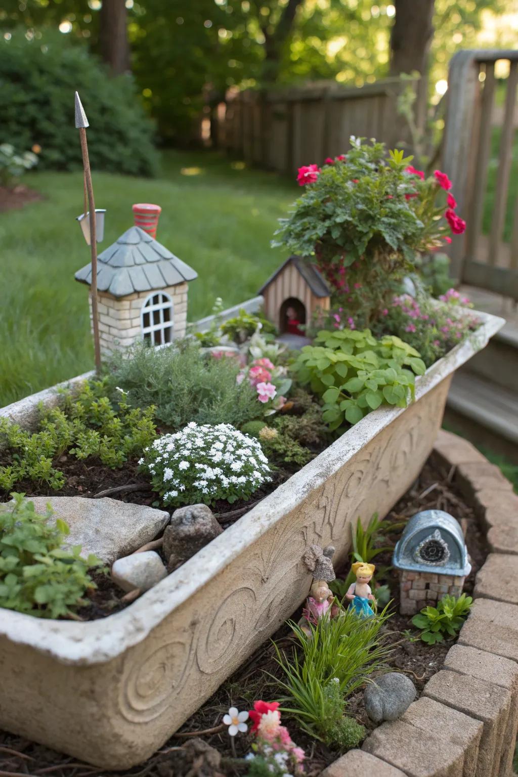 A magical fairy garden nestled in a trough planter.
