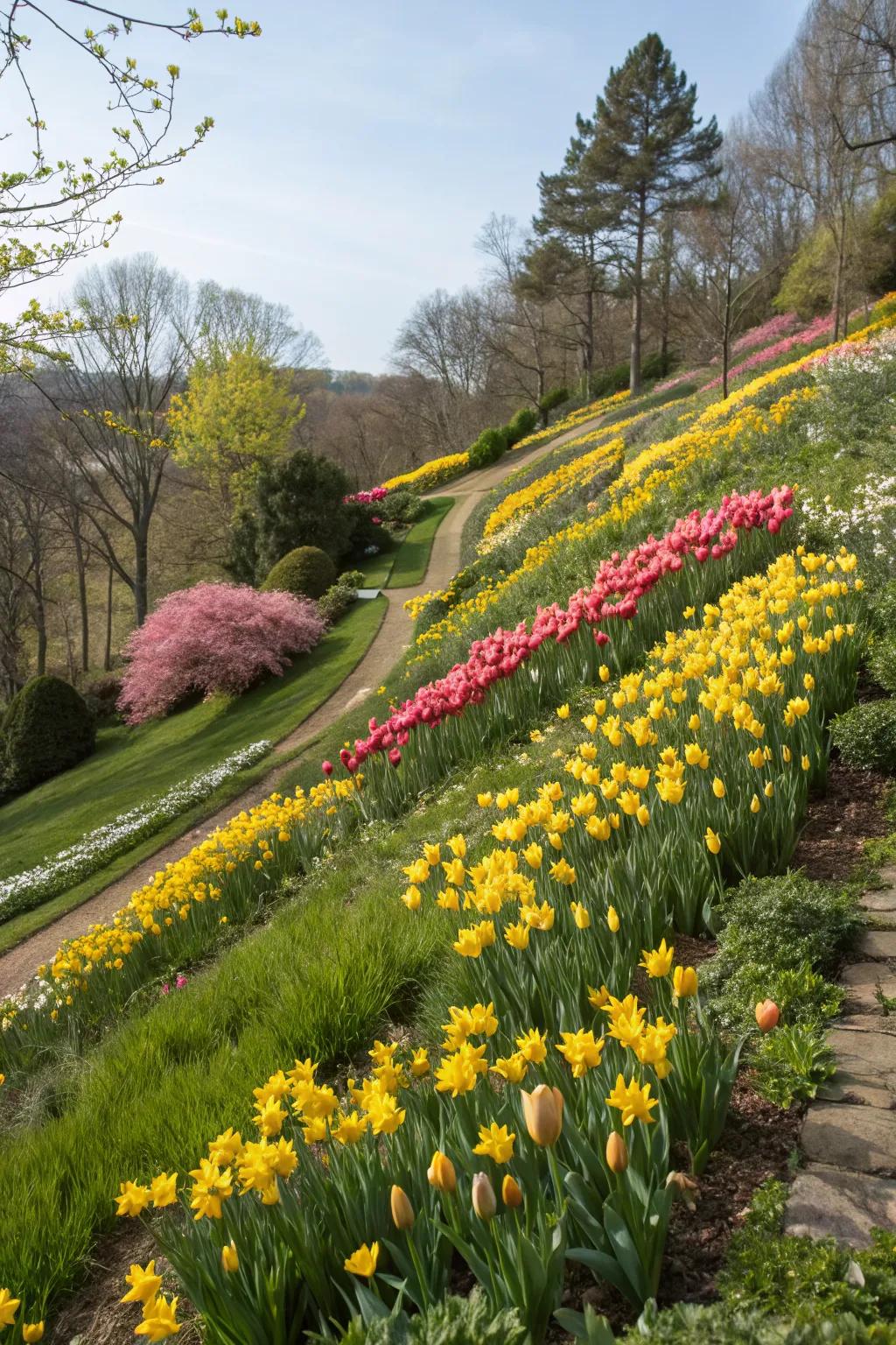 Tulips and daffodils cascading down a garden slope.