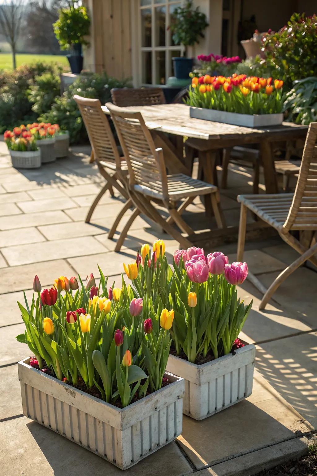 Portable tulip displays offer flexibility and seasonal variety.