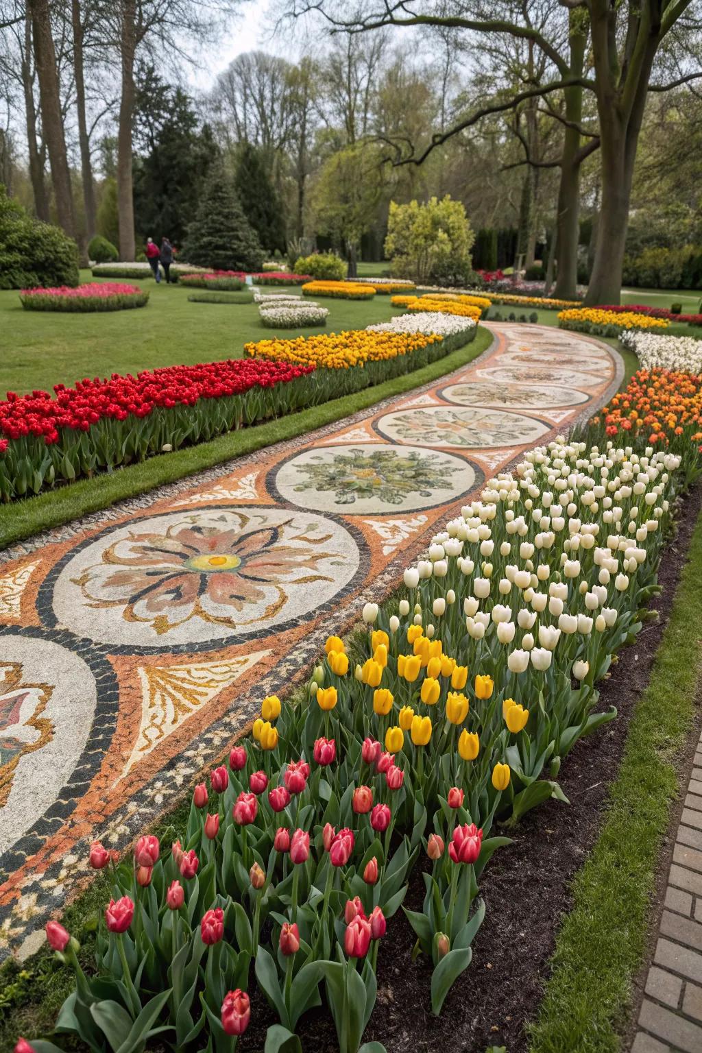 A tulip mosaic transforms a garden into a living artwork.