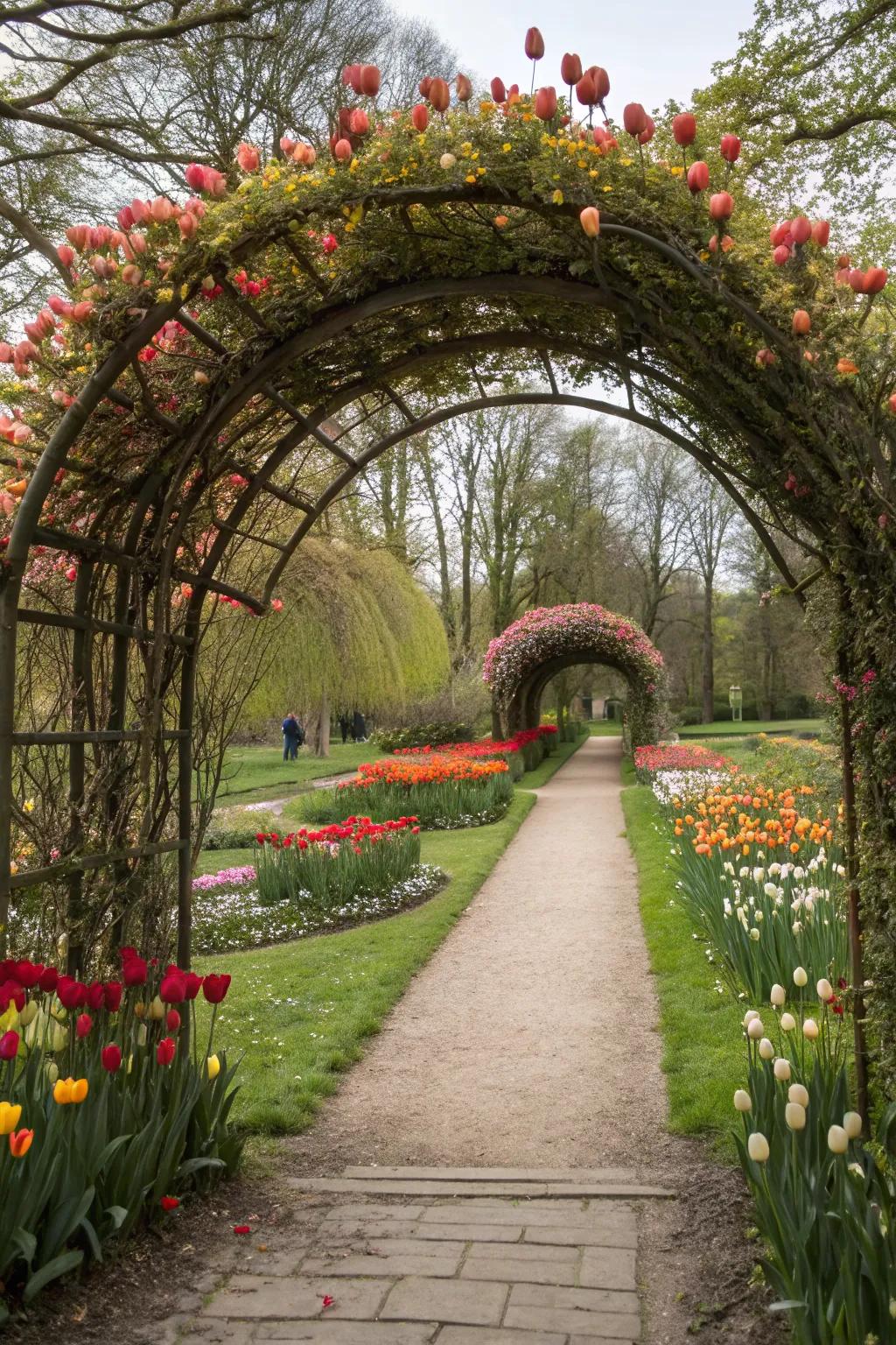 A fairy-tale archway adorned with vibrant tulips.