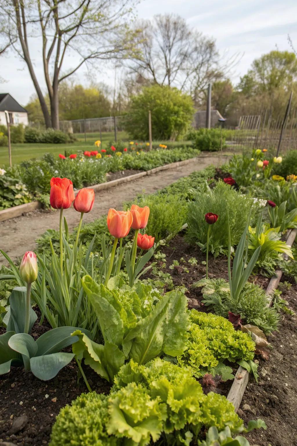 A functional blend of tulips with herbs and lettuces.