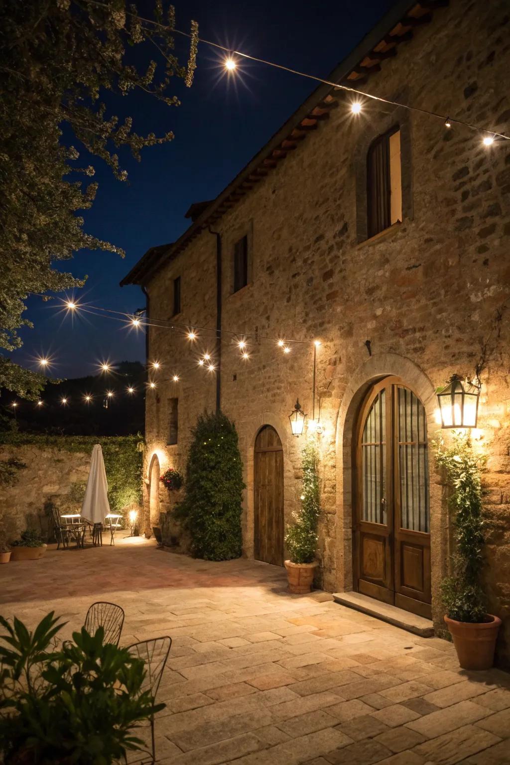 Ambient lighting creates a magical nighttime ambiance.