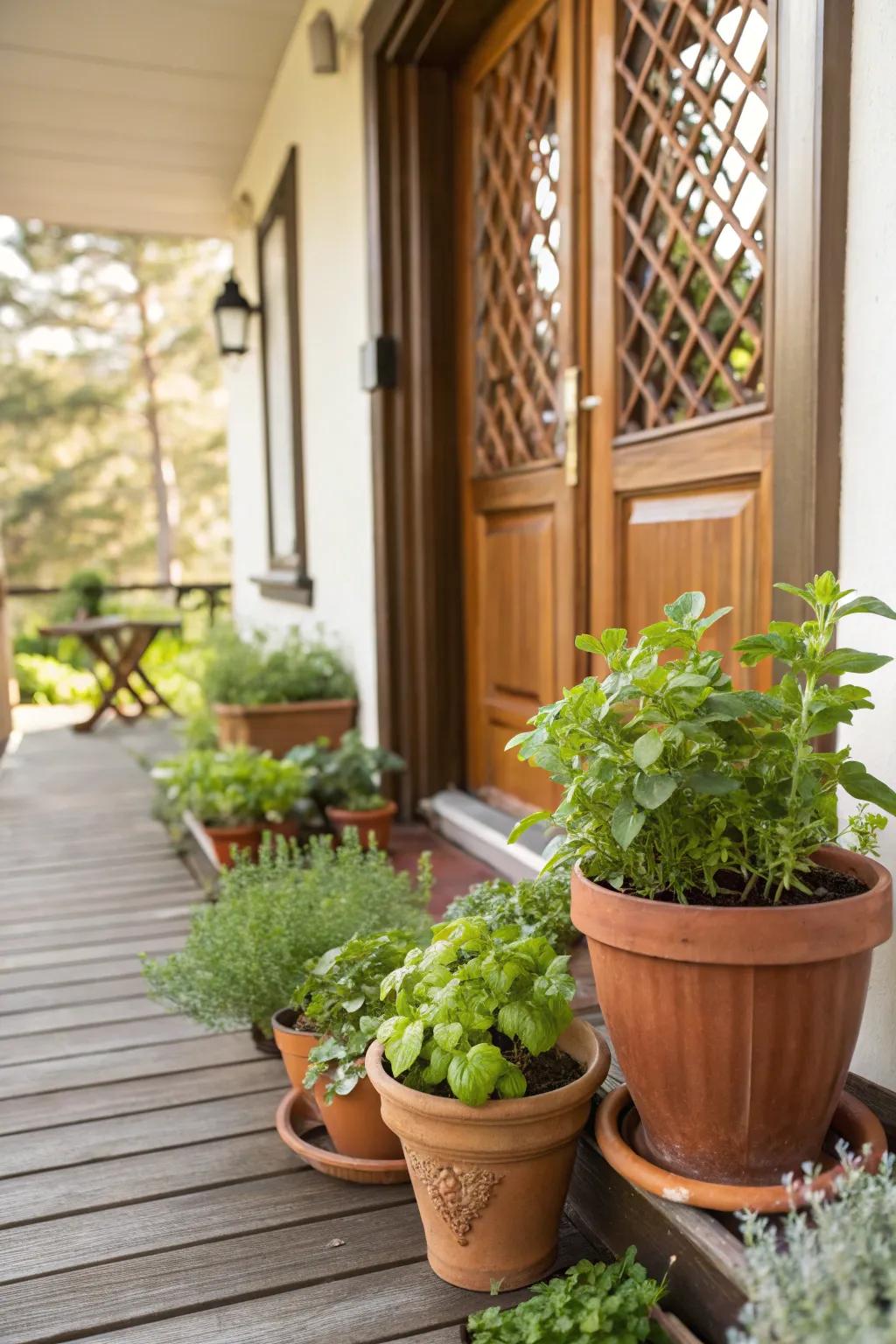 A charming herb garden adds practicality and fragrance to the porch.