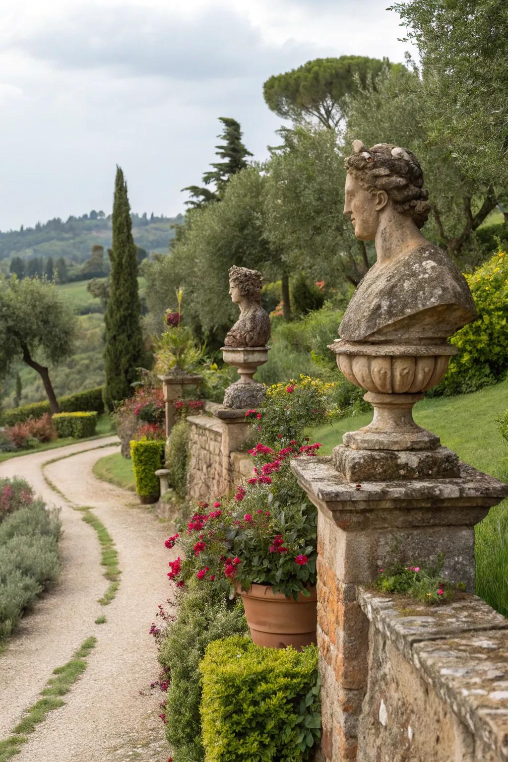 Rustic sculptures add an artistic touch to the landscape.