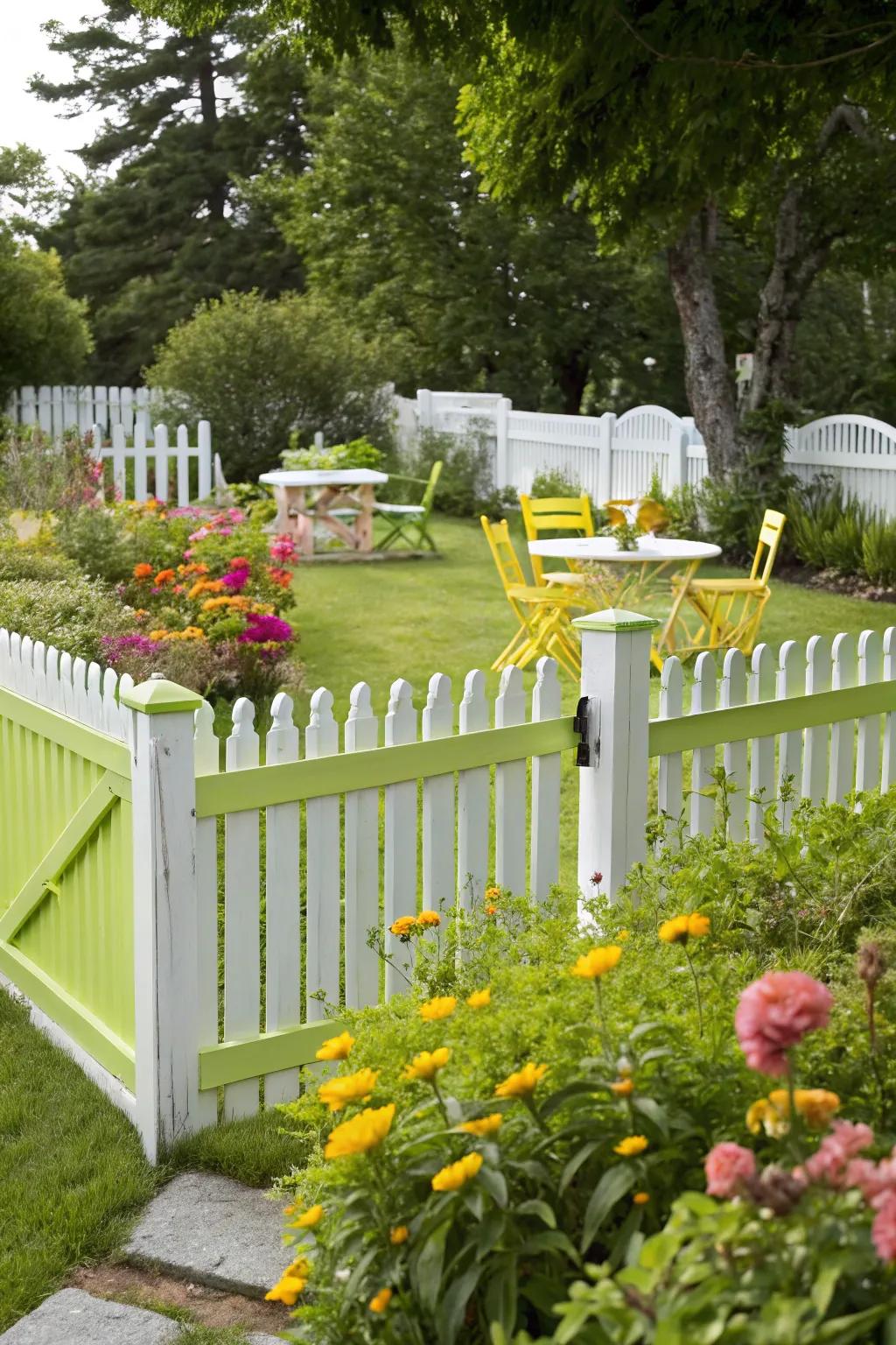 Lime and white fence infusing a garden with vibrant energy.