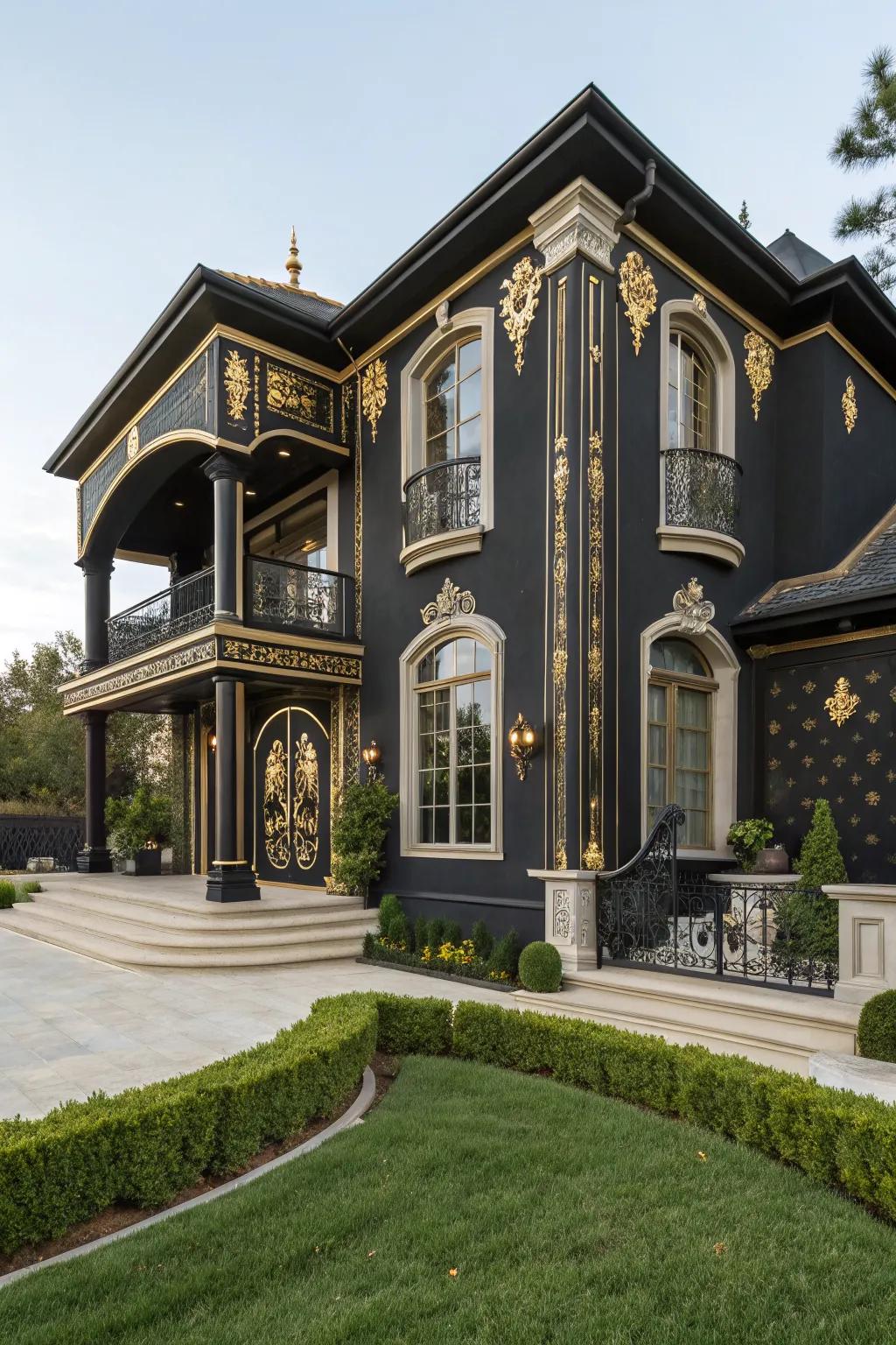 Black and gold create an elegant and glamorous exterior for this luxurious home.