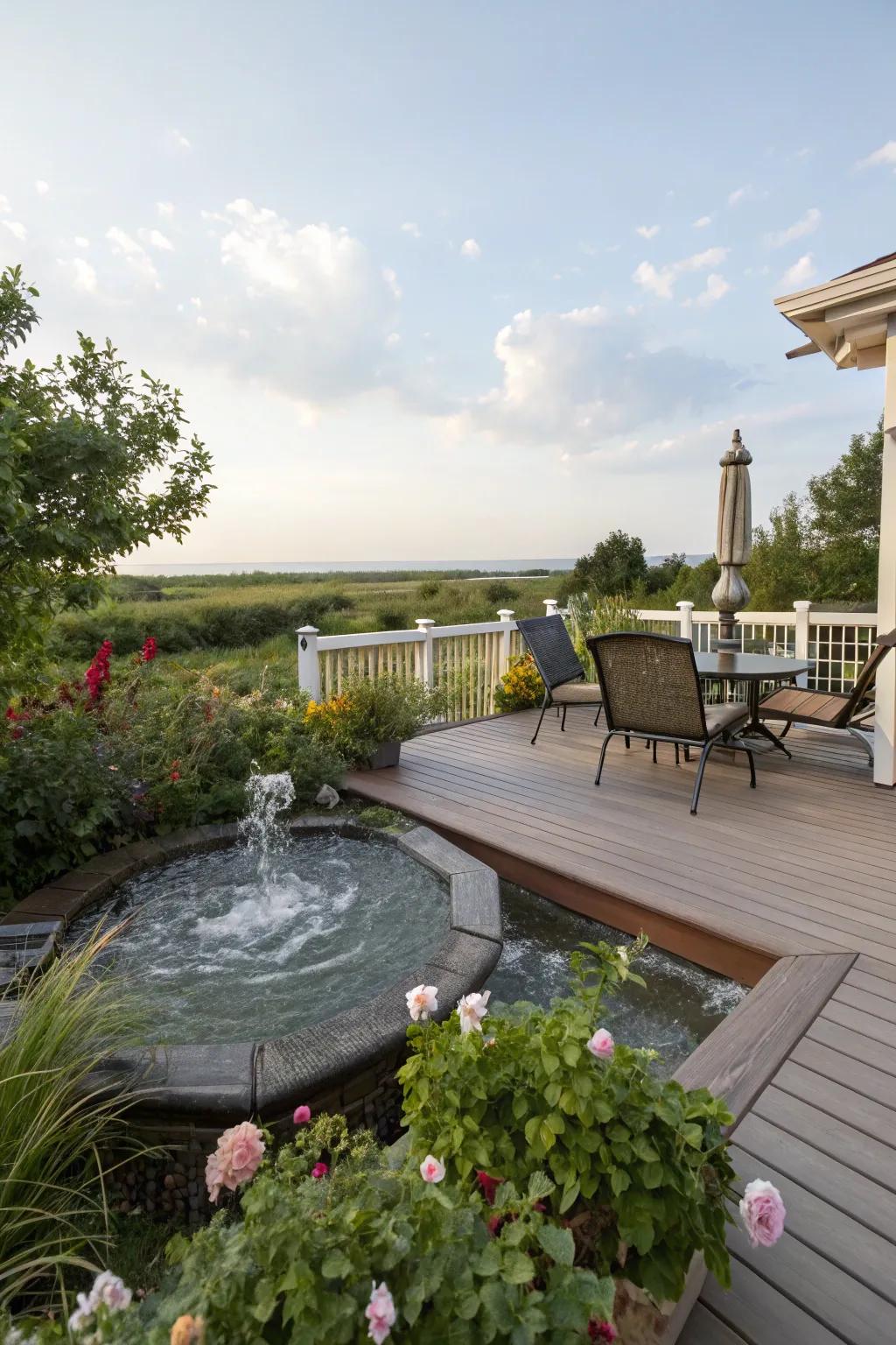 A water feature adds tranquility to this deck.