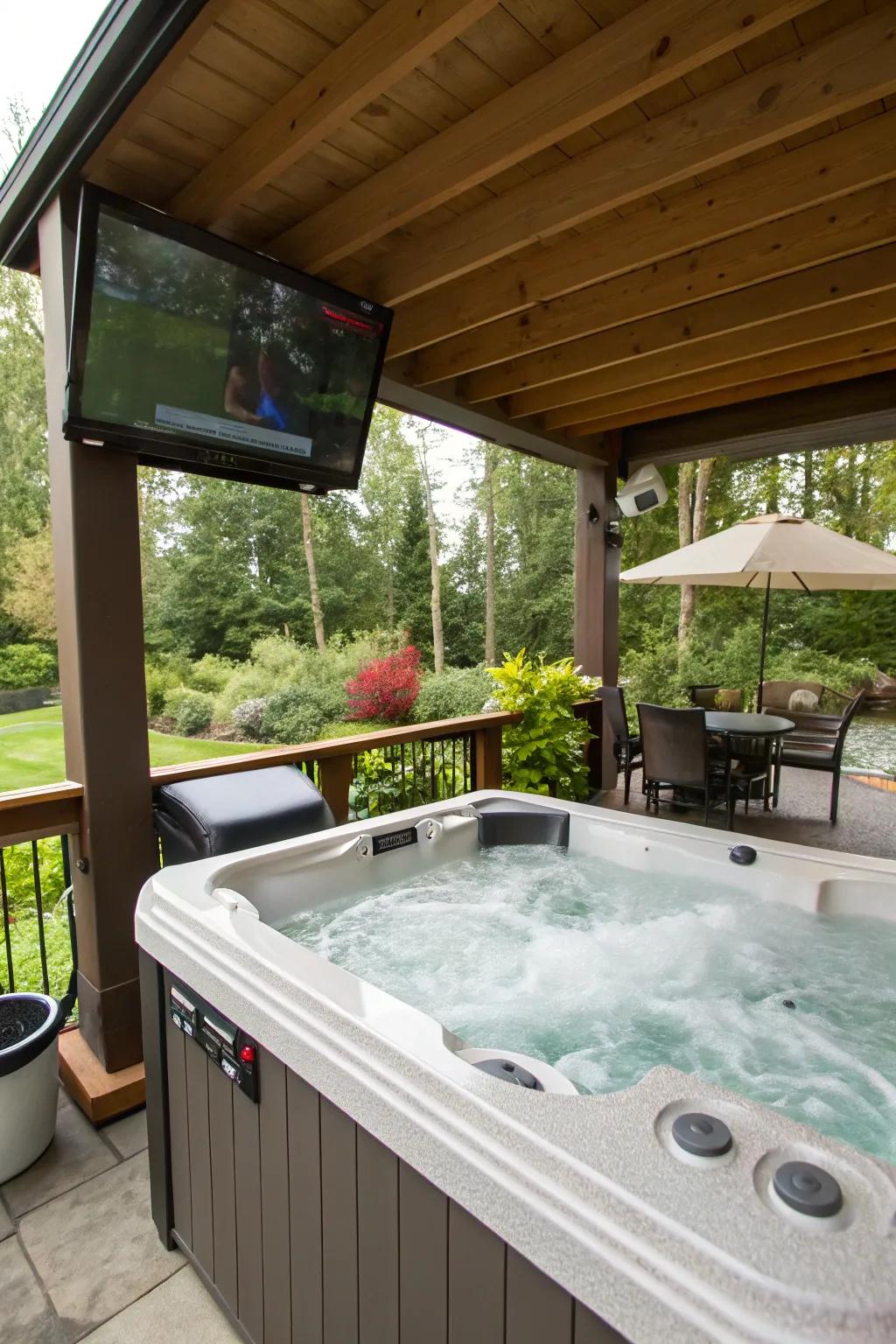 An outdoor TV setup turns the hot tub area into an entertainment hub.