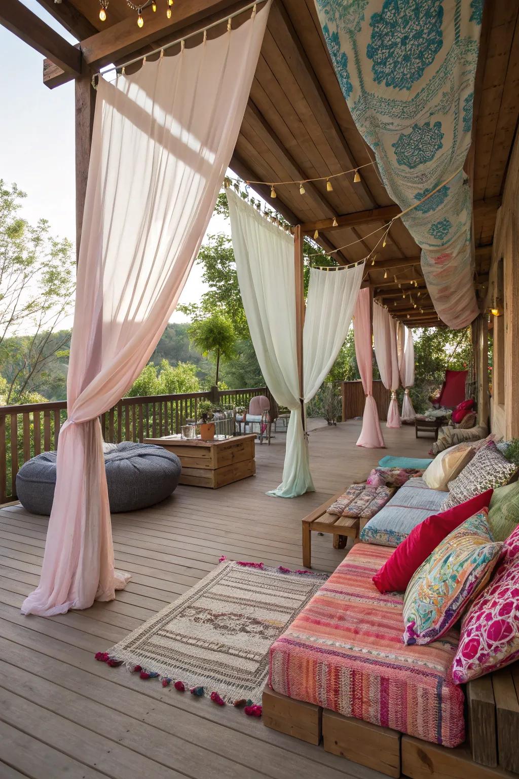 Fabric canopies create a whimsical and airy under-deck atmosphere.