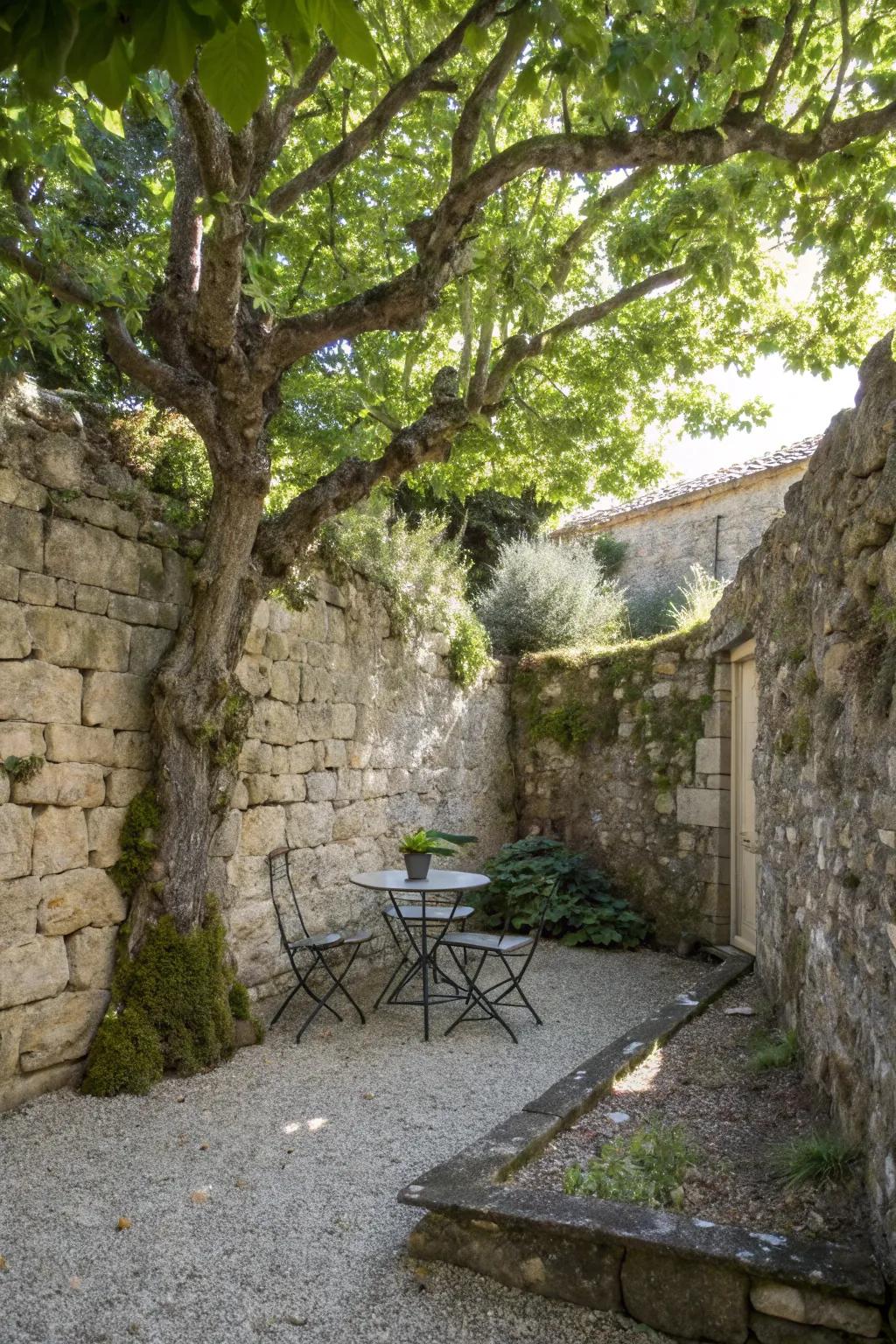 A stone wall offers privacy and texture.