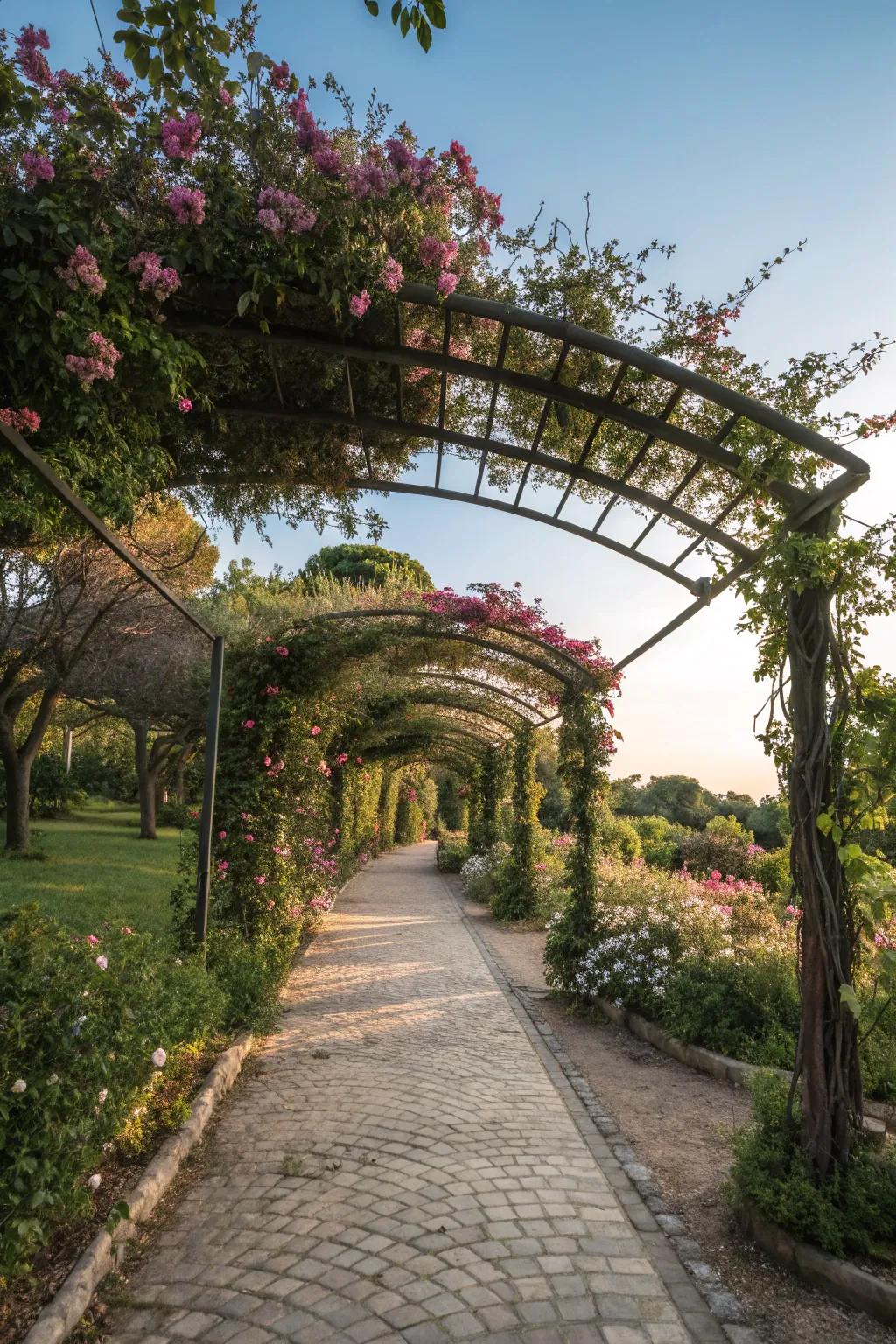 A pergola-covered walkway adds charm and structure.