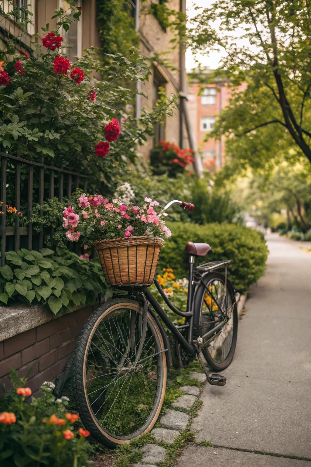A bicycle basket becomes a charming flower planter.