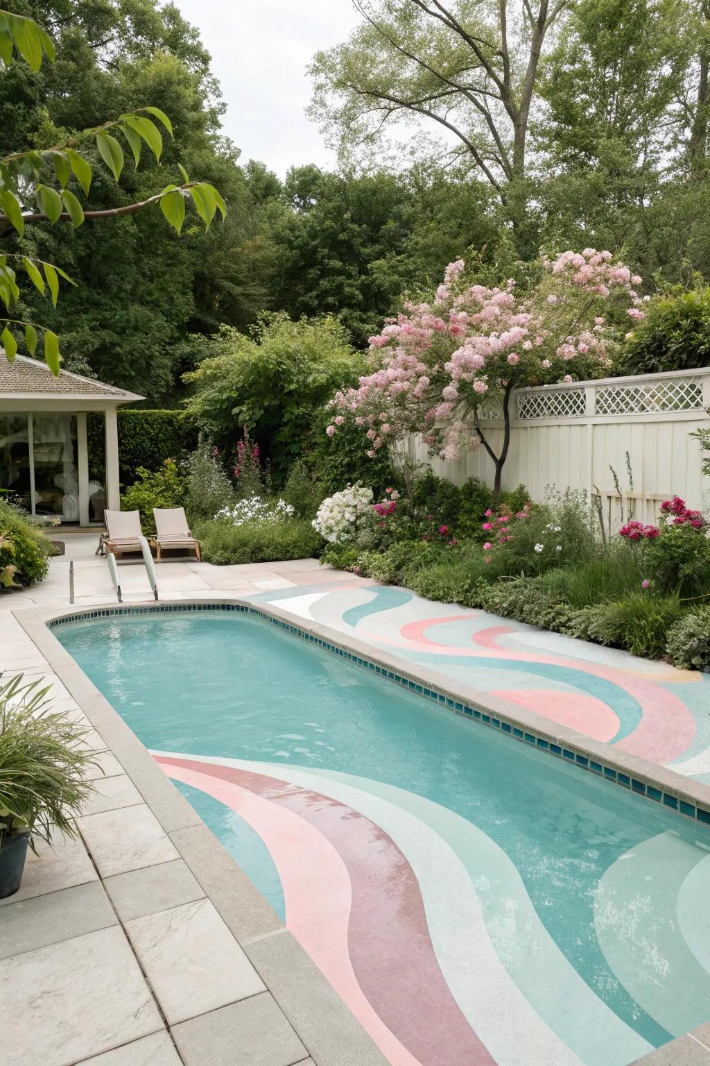 A pool with minimalist paint design featuring pastel waves.