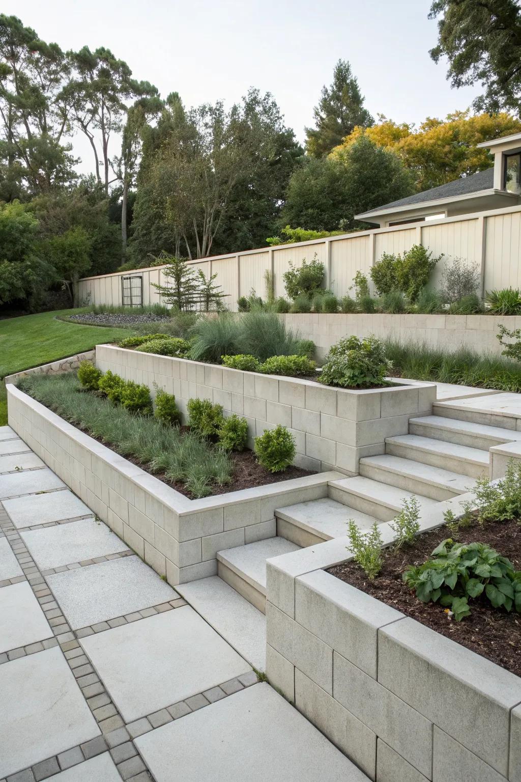 Sleek and modern cinder block retaining wall