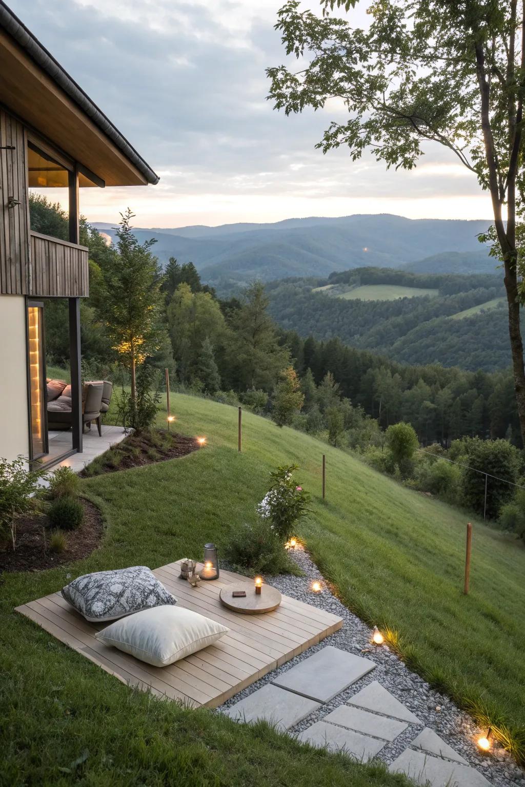A meditation spot offers tranquility and reflection.