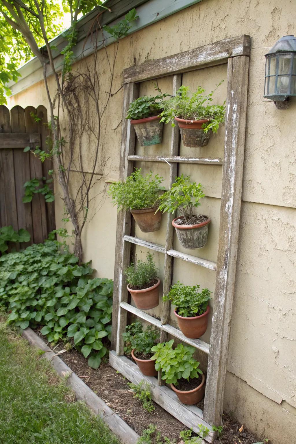A window frame adds rustic charm to a vertical plant display.