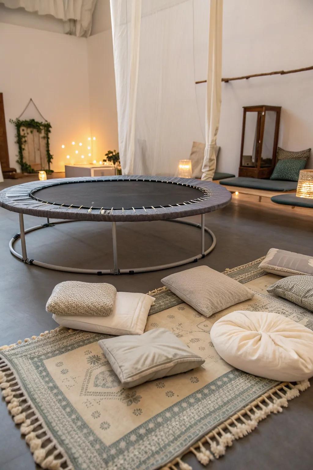 Set up a meditation nook under your trampoline for peace and tranquility.