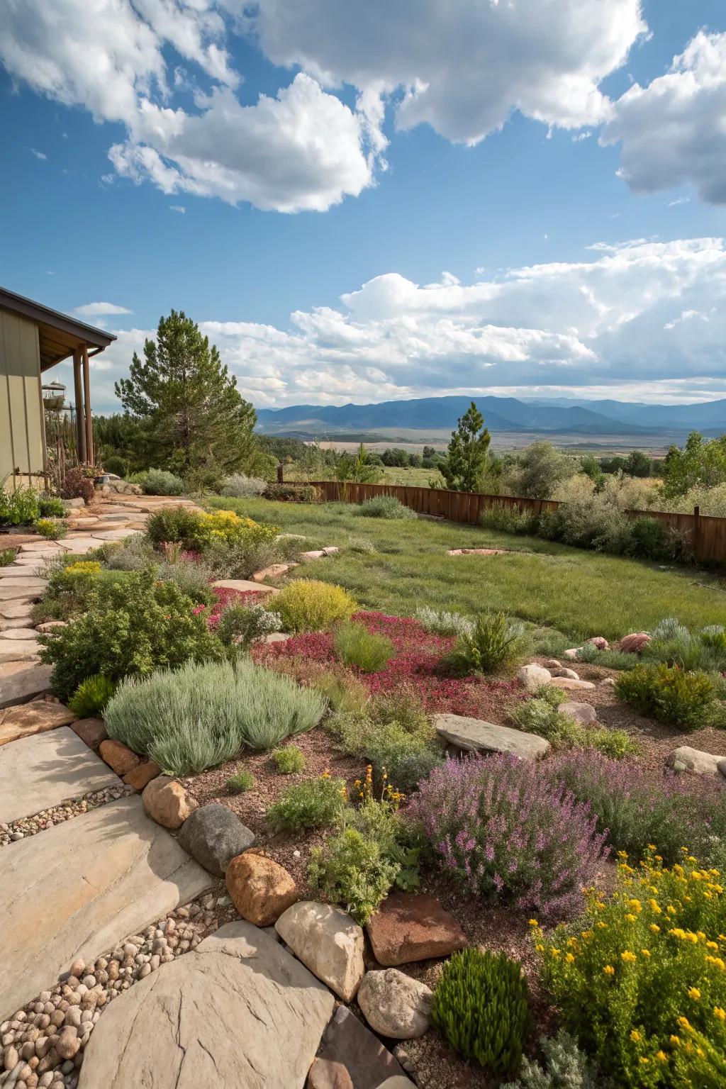 Ground covers providing a maintenance-friendly alternative in a Utah backyard.