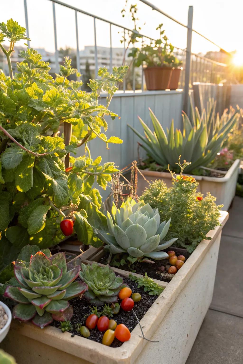 A harmonious blend of succulents and vegetables.