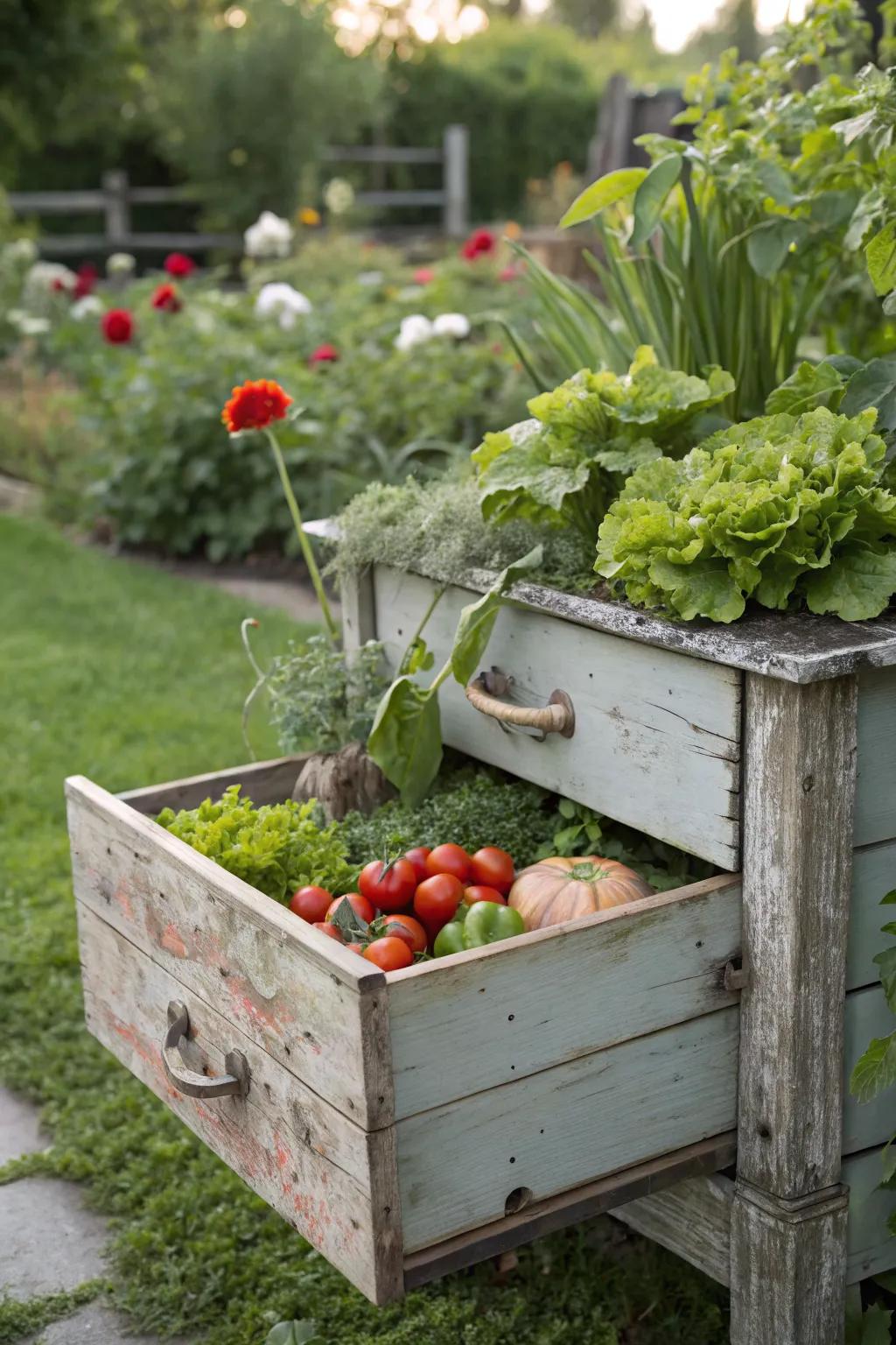 Old drawers find new life as charming vegetable planters.