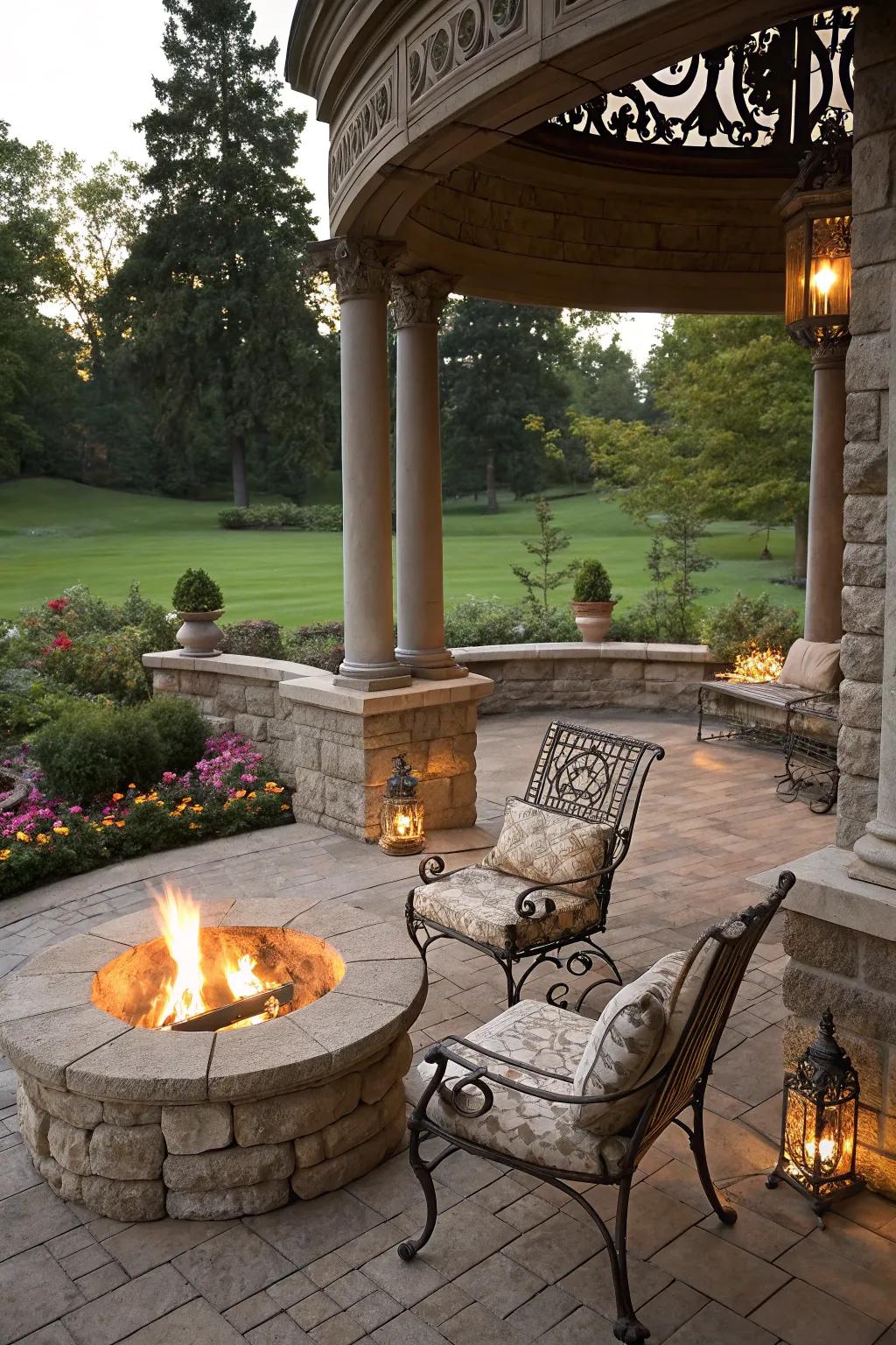 A stone fire pit invites warmth on this Victorian patio.