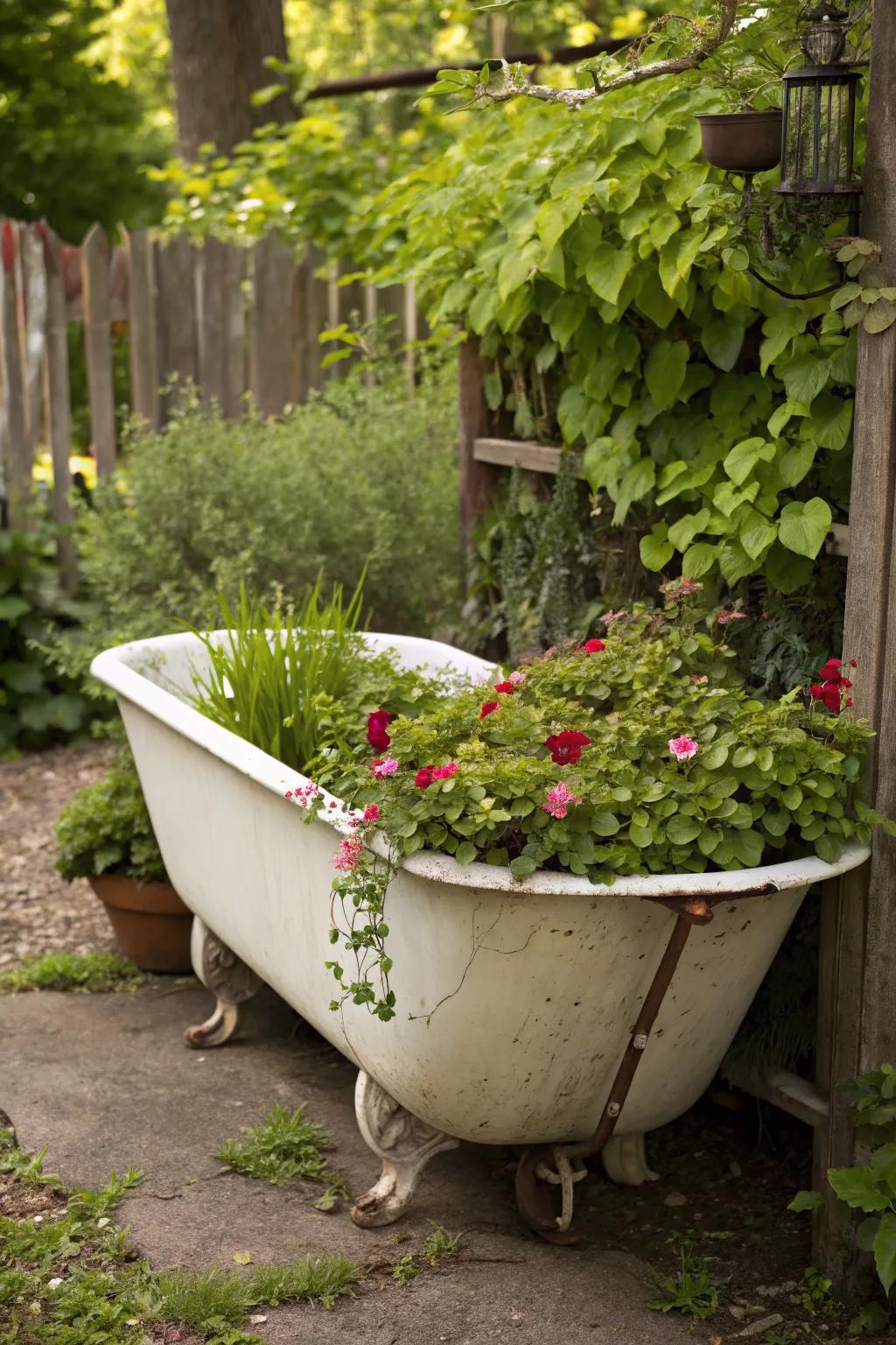 A vintage claw-foot tub transformed into a stunning garden planter.