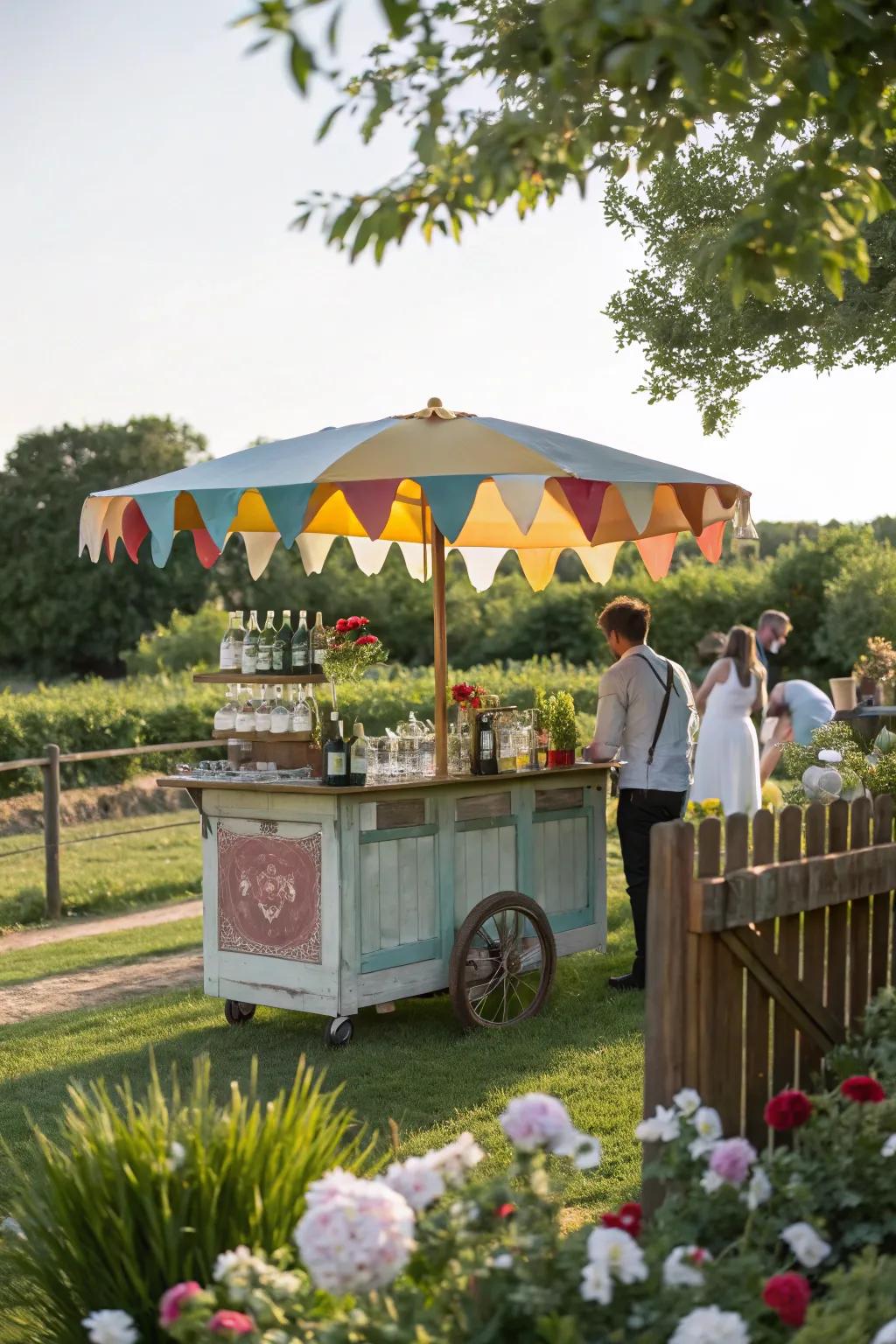 A vintage cart bar adds an unexpected and delightful element to your party.