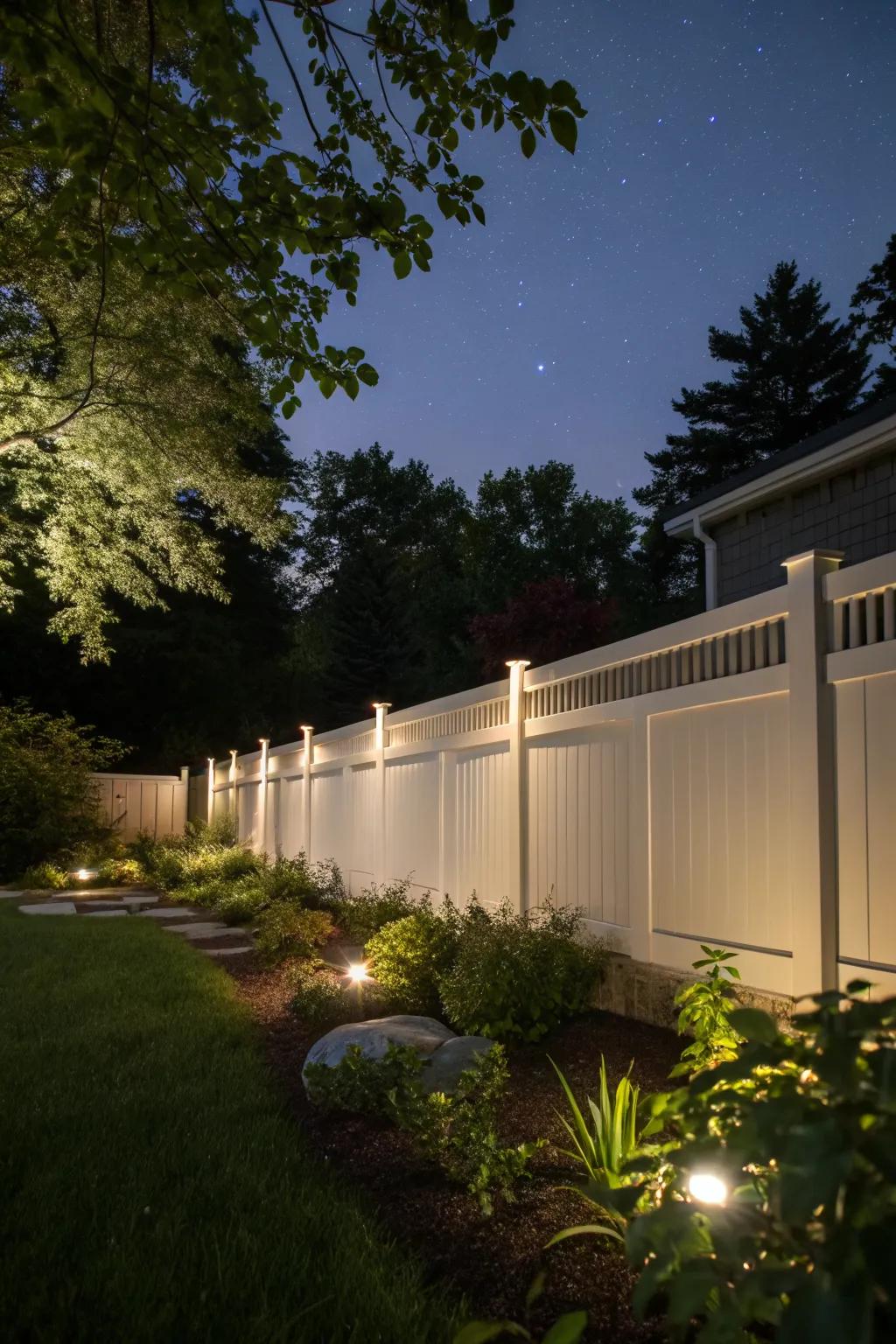 Integrated lighting in this vinyl fence creates a magical ambiance after dark.