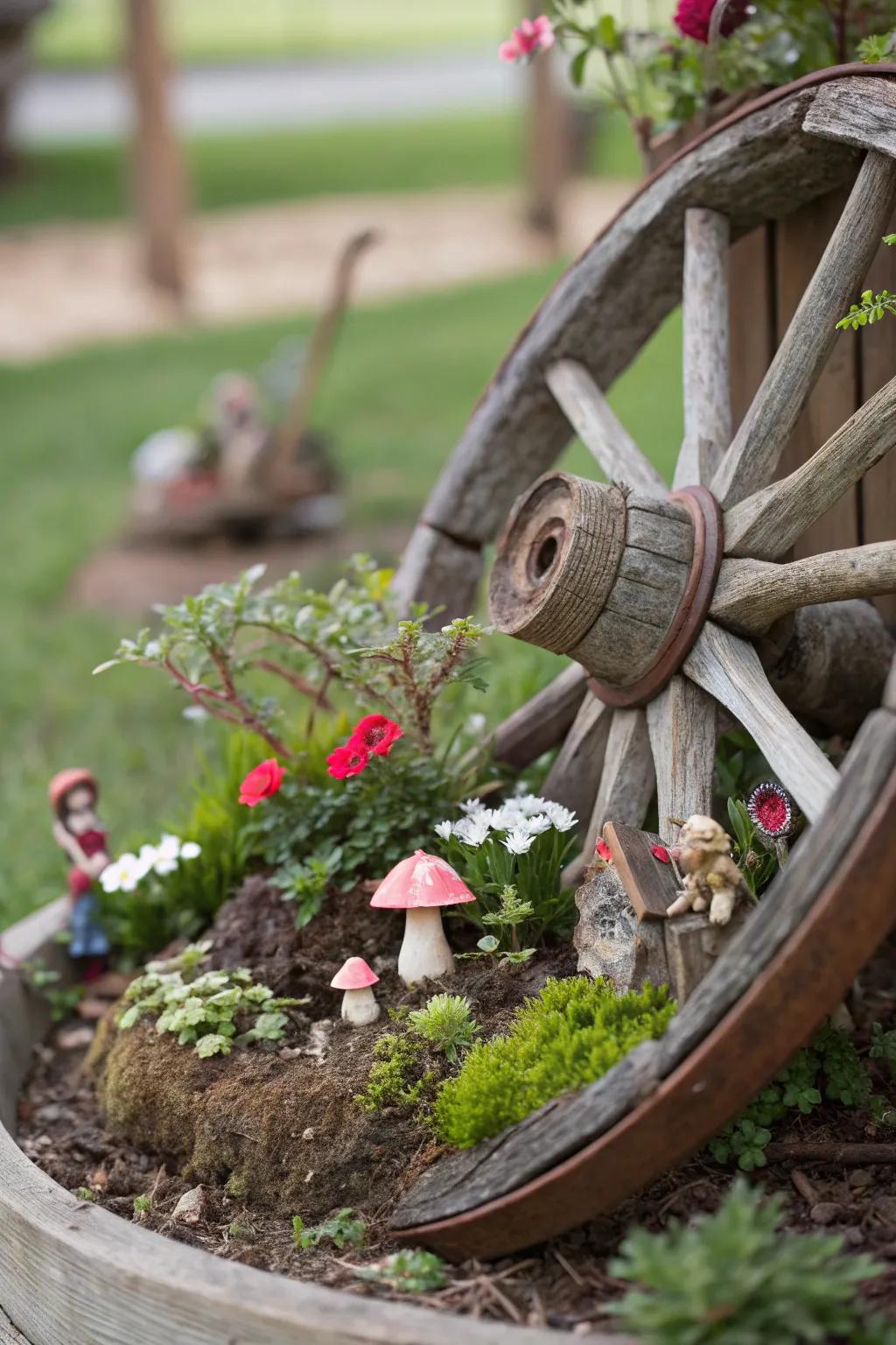 A delightful fairy garden nestled within a small wagon wheel, sparking imagination.