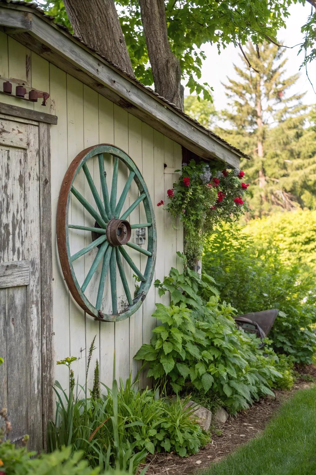 A painted wagon wheel serves as charming wall art in the garden.