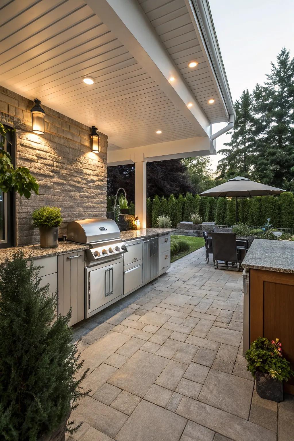 A fully equipped outdoor kitchen allows for alfresco dining and entertaining on a walkout basement patio.