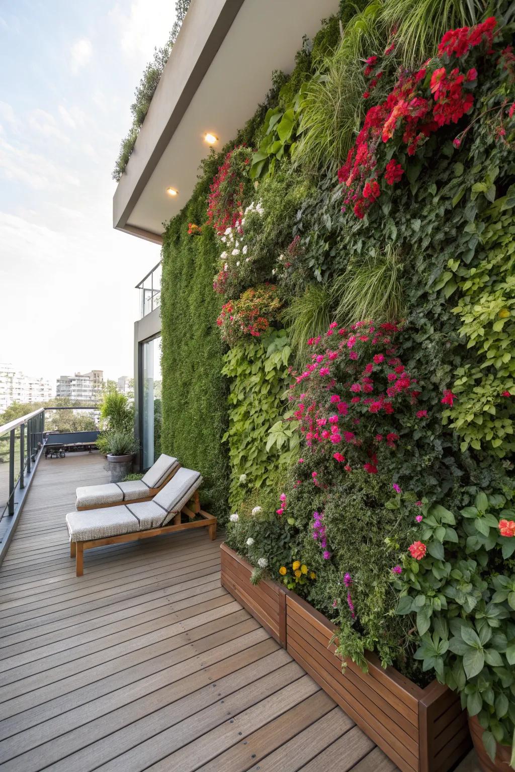A deck with a vertical garden wall filled with vibrant plants.