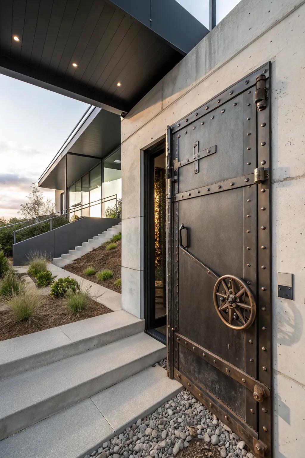 Industrial style offers a modern, edgy look to the basement entrance.