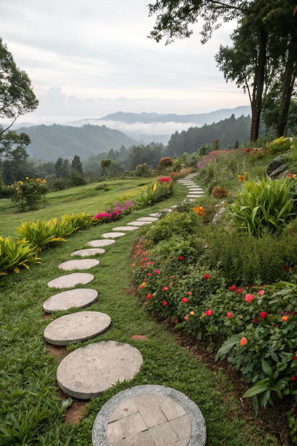 Circular stepping stones that add a touch of modern elegance.