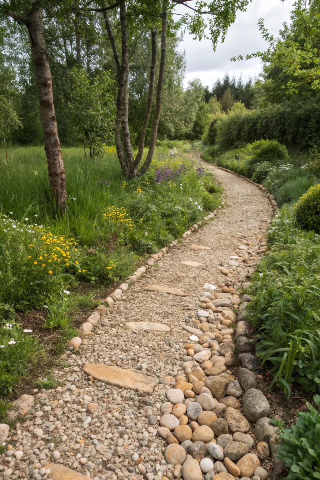 A charming gravel path with pebble borders.