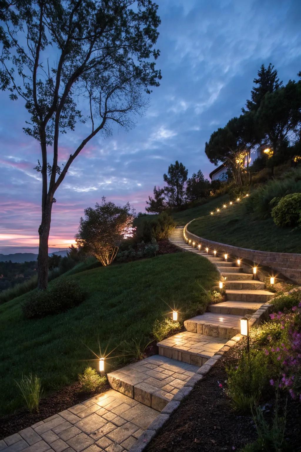 LED lights add a magical ambiance to garden pathways.