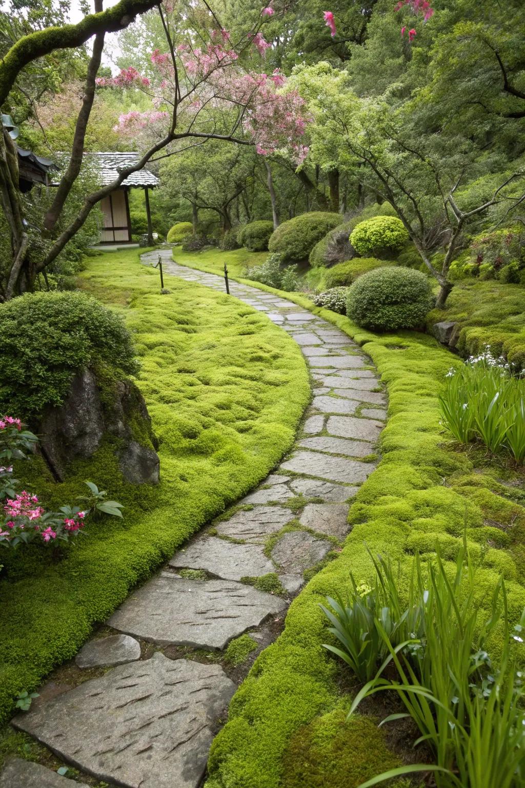 Lush moss-covered garden path